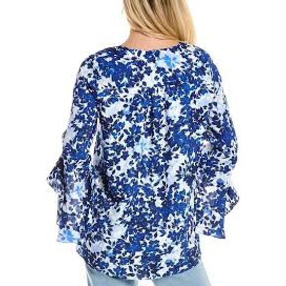VINCE CAMUTO Floral Ruffle V-Neck Loose Blouse Top Flutter Sleeves Blue Medium - Picture 3 of 12